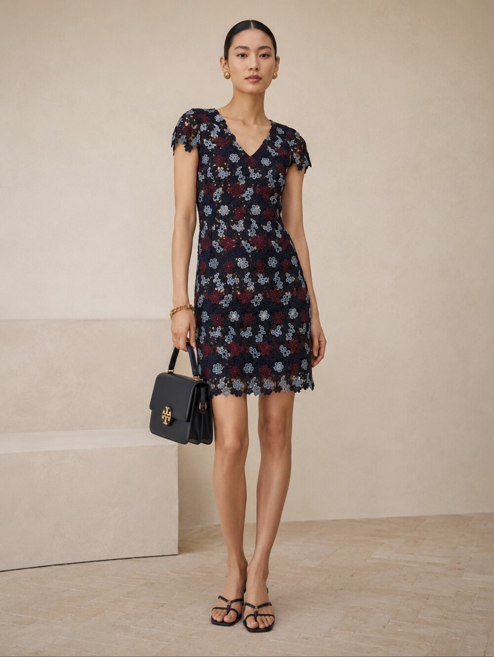 TORY BURCH Crochet Cap-Sleeve Lace Sheath Dress, Medium Navy/Sage